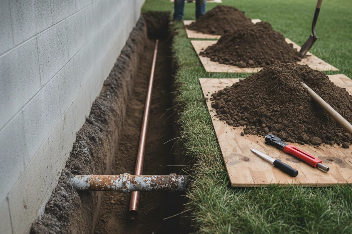 Excavated water line trench during Water Heater Repair in Cherokee